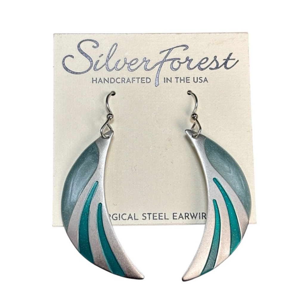 Silver Forest New On The Card Earrings Hooks Blue Silver Half Moon 2.25" Total